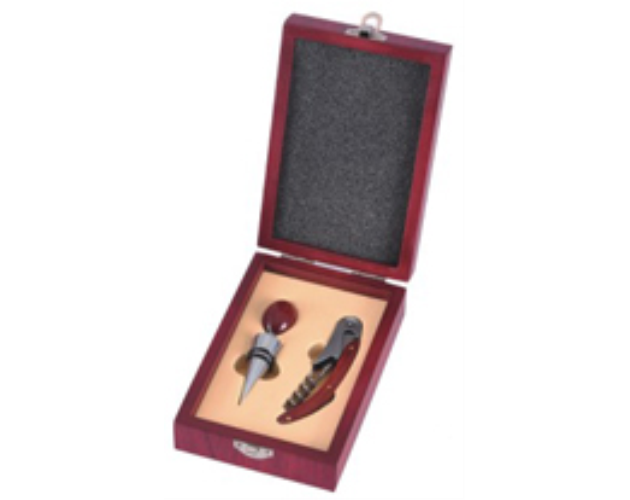 2 Piece Wine Tool Set In Red Wood Case