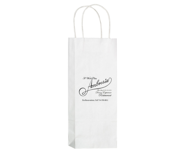 White Kraft Paper 1 Bottle Wine Tote Bag (5 1/2"x3 1/4"x12 1/2") - Flexo Ink