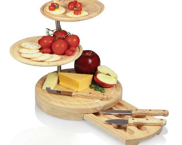 Regalio Swiveling 3 Tier Serving Tray & Cutting Board w/3 Cheese Tools