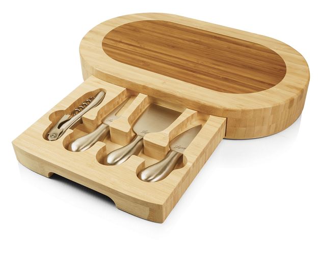 Formaggio Oval Cutting & Cheese Board w/Slide Out Drawer & 4 Cheese Tools