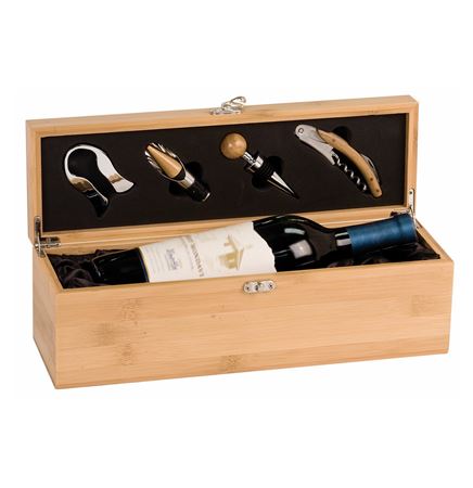 Wine Presentation Gift Sets w/ Bamboo Single Wine Box - Laser Engraved Plate