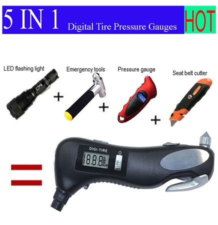 Multifunctional 5-in-1 Digital Tire Pressure Gauges / Auto Emergency Tools / Seat Safety Belt Cutter