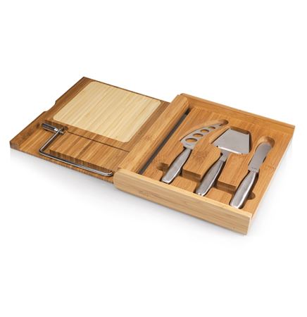 Soiree Bamboo Cutting Board w/Cheese Wire & 3 Tools In Lidded Box