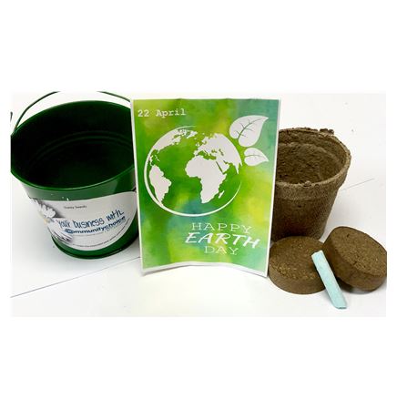 Earth Day Seed Packet in Green Metal Bucket Garden Kit